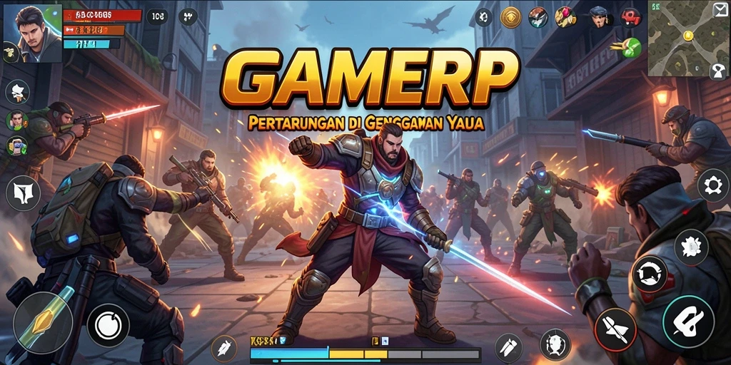 Screenshot GAMERP menampilkan pertarungan seru dan karakter penuh aksi.