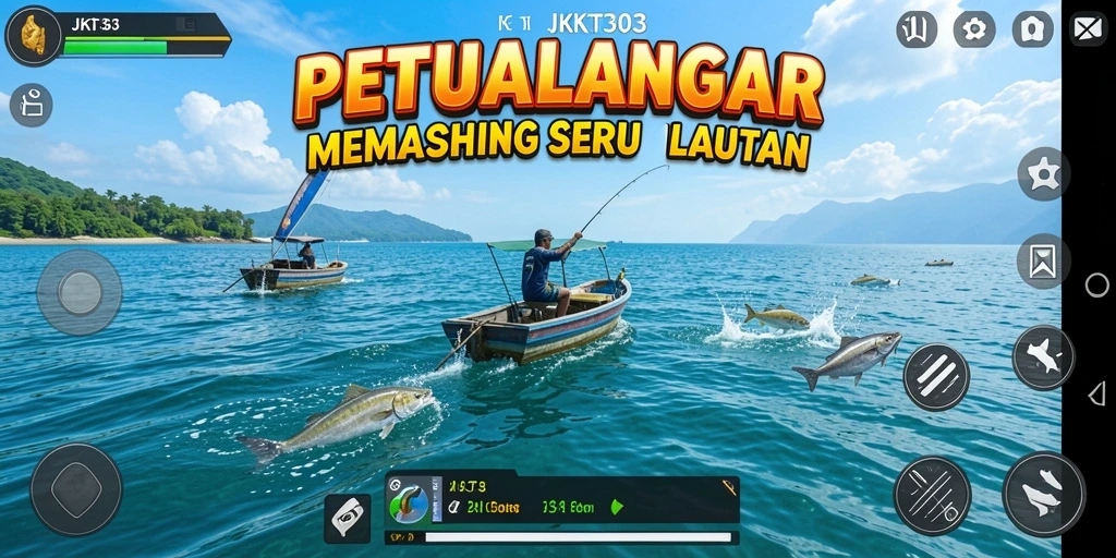 Screenshot gameplay JKT303 yang menampilkan aksi memancing penuh warna.