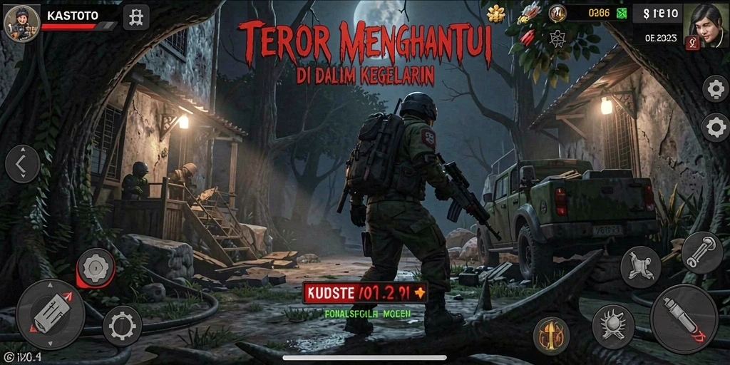 Screenshot gameplay KASTOTO menampilkan suasana menyeramkan yang mencekam.