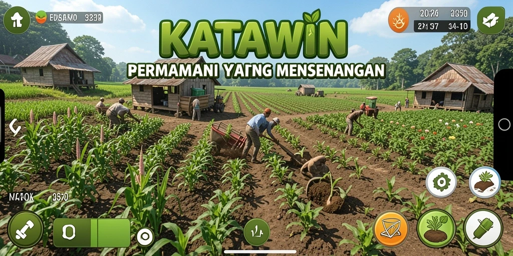 Screenshot gameplay KATAWIN dengan tampilan ladang yang subur.